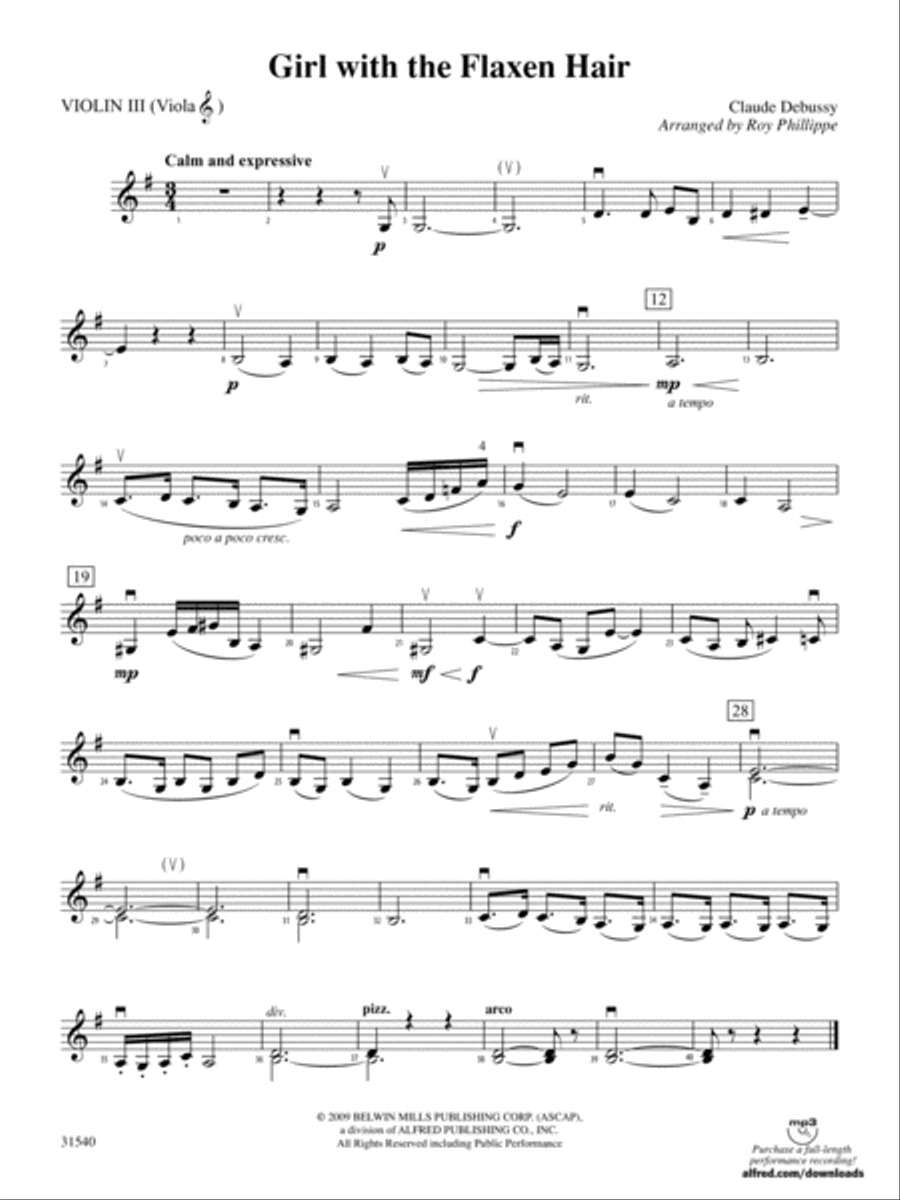 Girl with the Flaxen Hair: 3rd Violin (Viola [TC]) Full Orchestra scores gallery preview page 1
