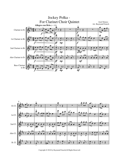 Jockey Polka (Josef Strauss) - for Clarinet Choir Quintet (E Flat Clarinet; 2 B Flat Clarinets; Alto image number null