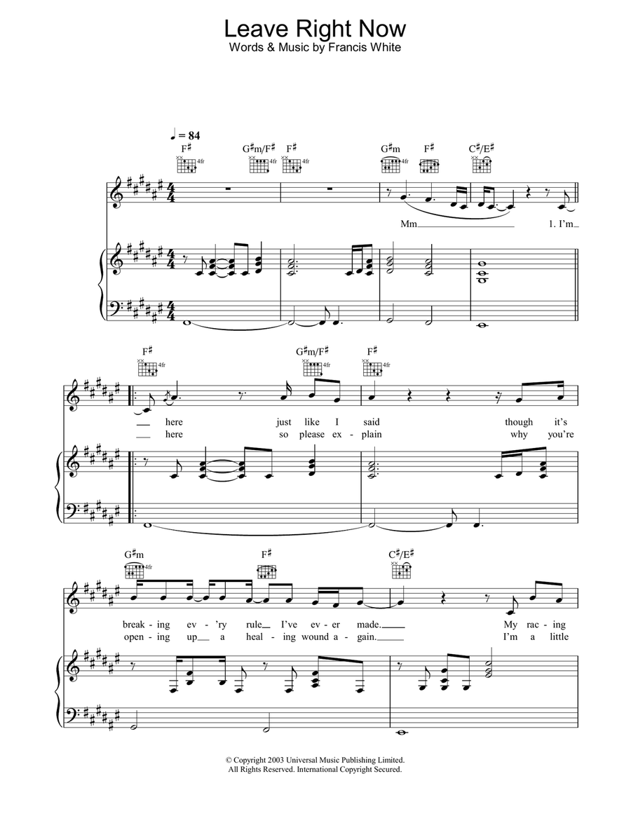 Leave Right Now Piano, Vocal, Guitar scores gallery preview page 1