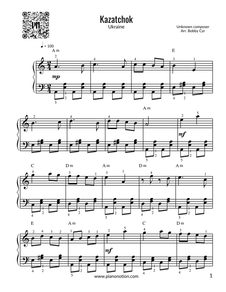 Kazatchok | Kazachok | Katyusha | Casatschok (Easy Piano Solo) Easy Piano scores gallery preview page 1
