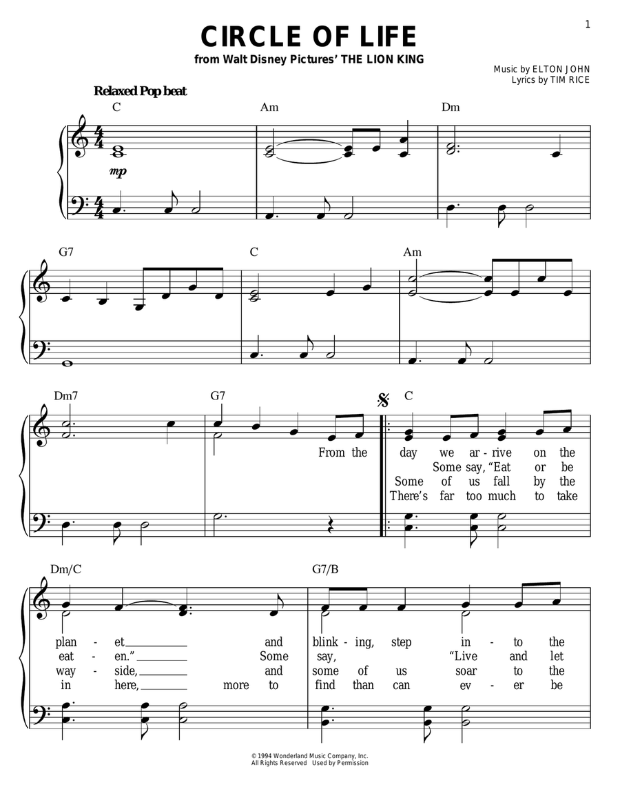 Circle Of Life (from The Lion King) Easy Piano scores gallery preview page 1