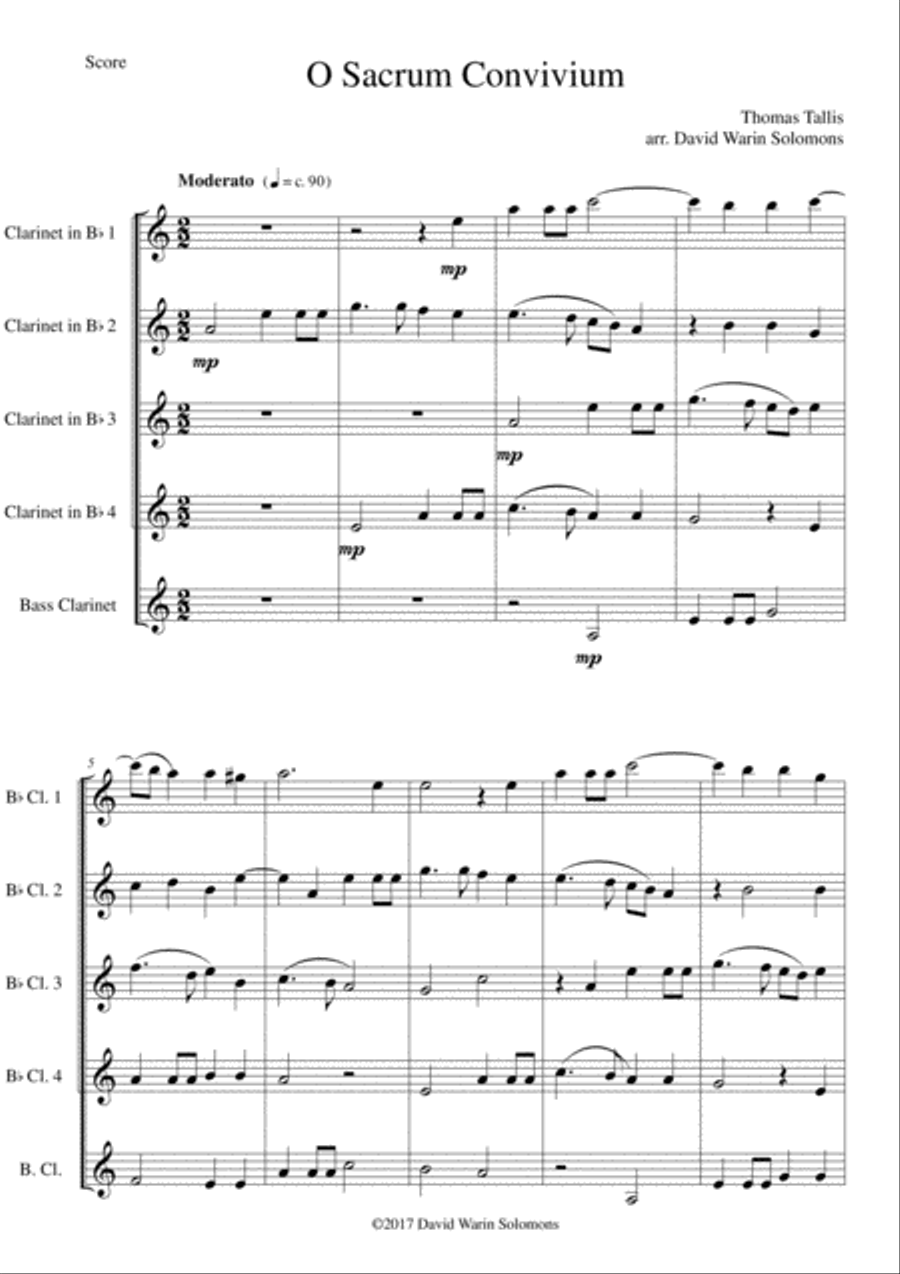 O Sacrum Convivium for clarinet quintet (4 clarinets and 1 bass or 5 clarinets) Clarinet Quintet scores gallery preview page 1