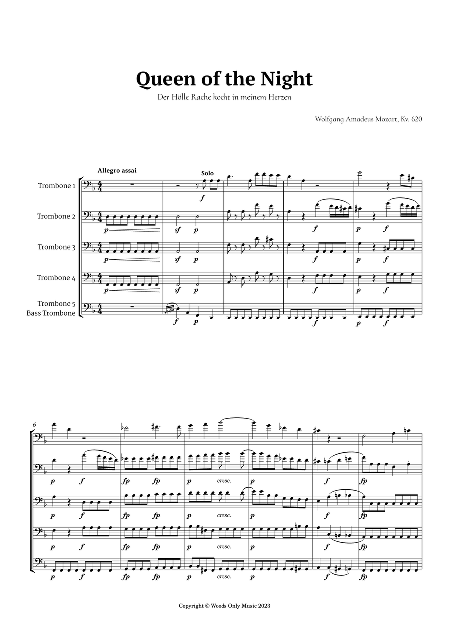 Queen of the Night Aria by Mozart for Trombone Quintet Brass Quintet scores gallery preview page 1