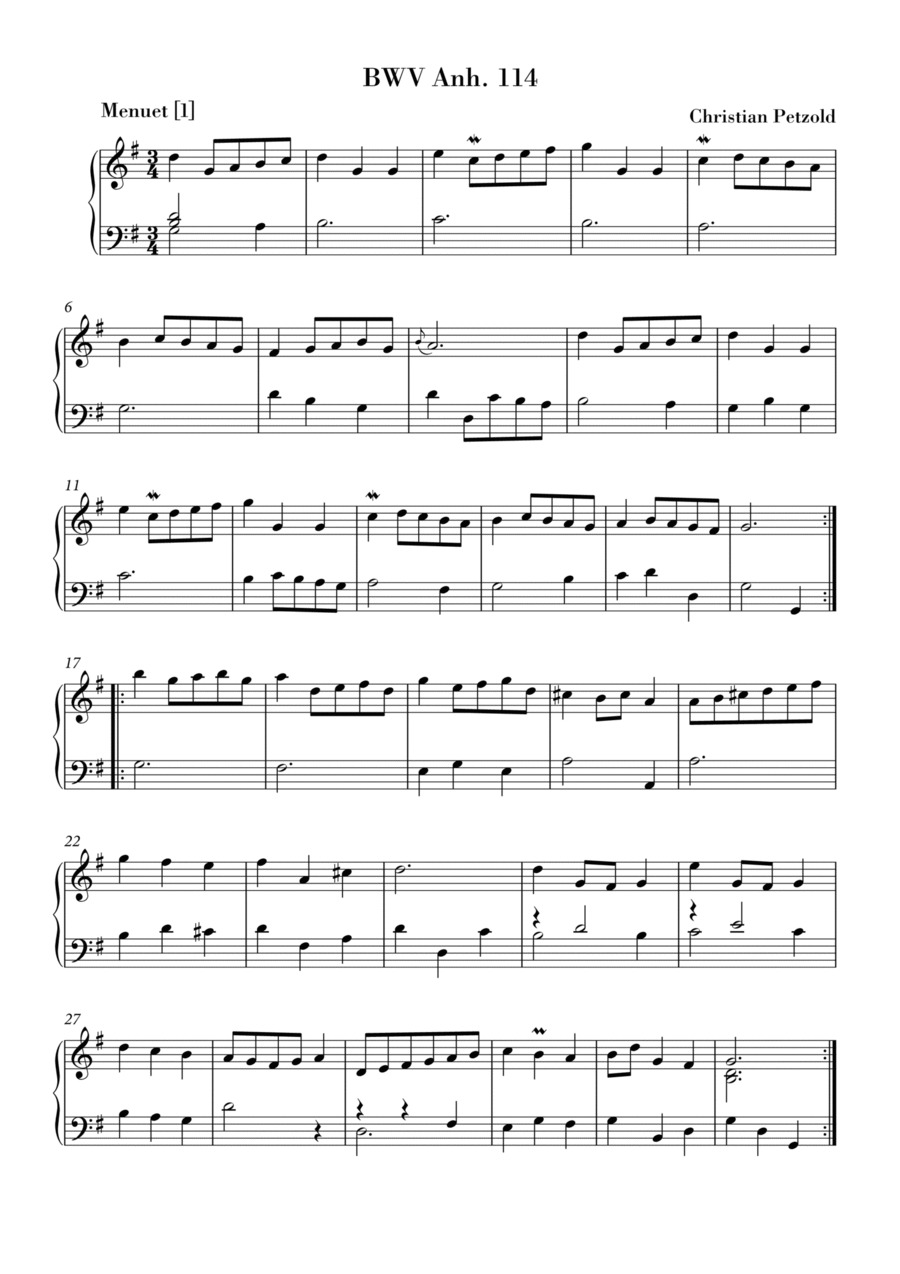 Bach - Minuet in G major and G minor (BWV Anh. 114 - 115) Original Version Piano Solo scores gallery preview page 1