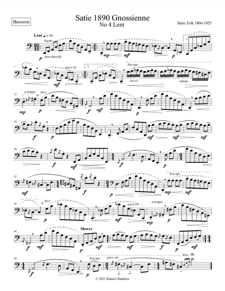 Satie 1890 Gnossienne No 4 Lent for unaccompanied solo Bassoon