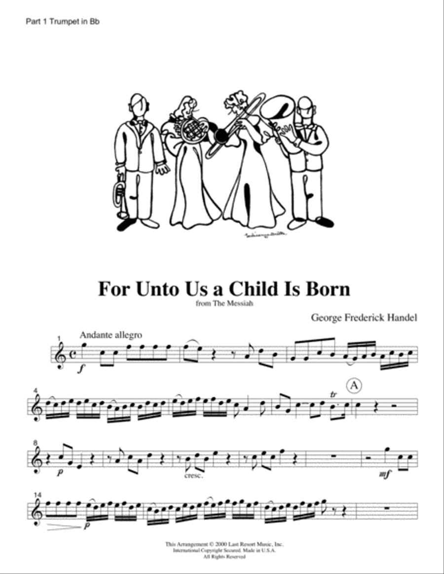 For Unto Us A Child Is Born from The Messiah for Brass Quartet (2 Trumpets, Trombone, Bass Trombone Small Ensemble scores gallery preview page 4