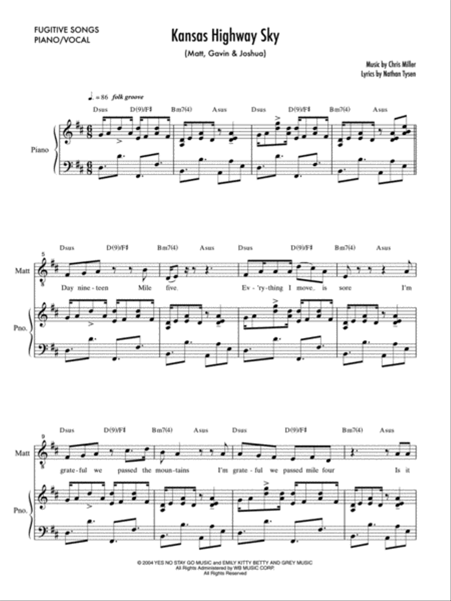 Kansas Highway Sky Piano, Vocal scores gallery preview page 1