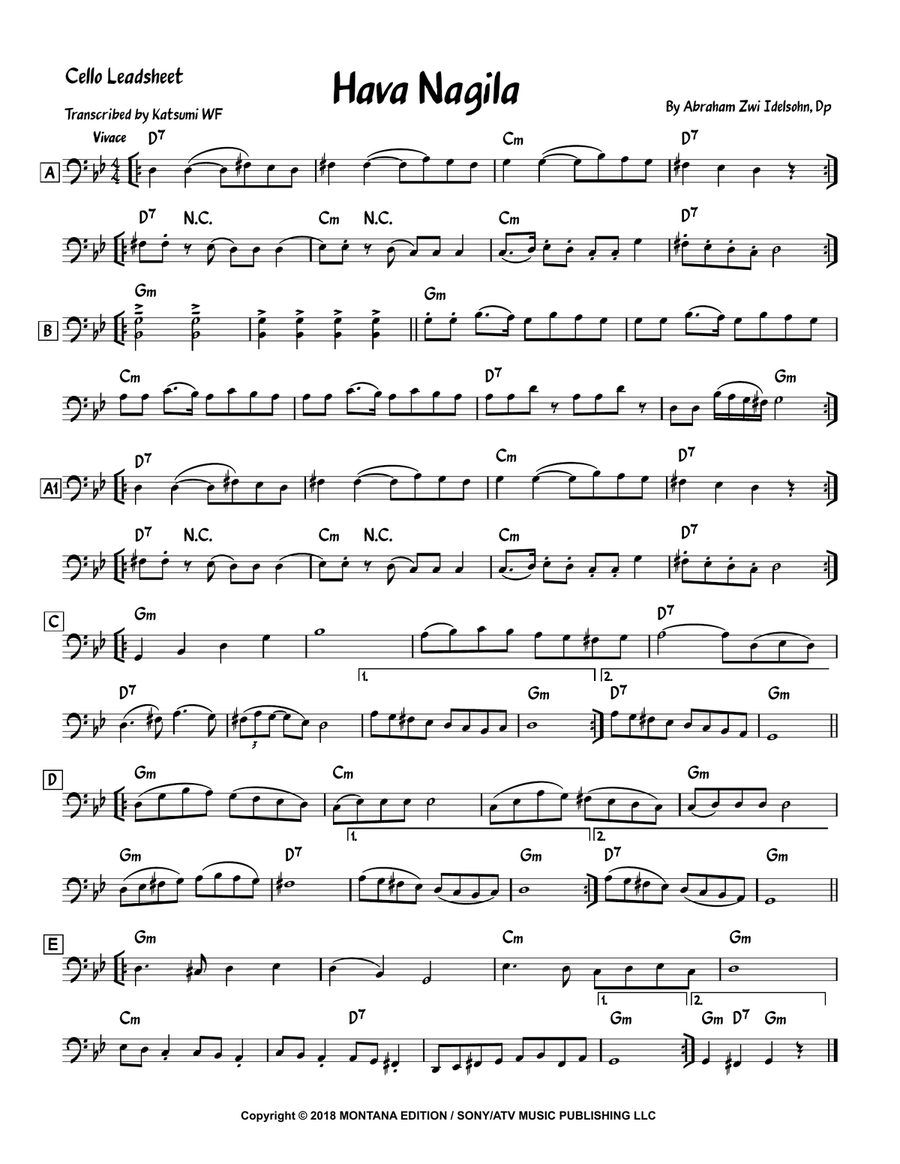 Hava Nagila Cello Solo scores gallery preview page 1