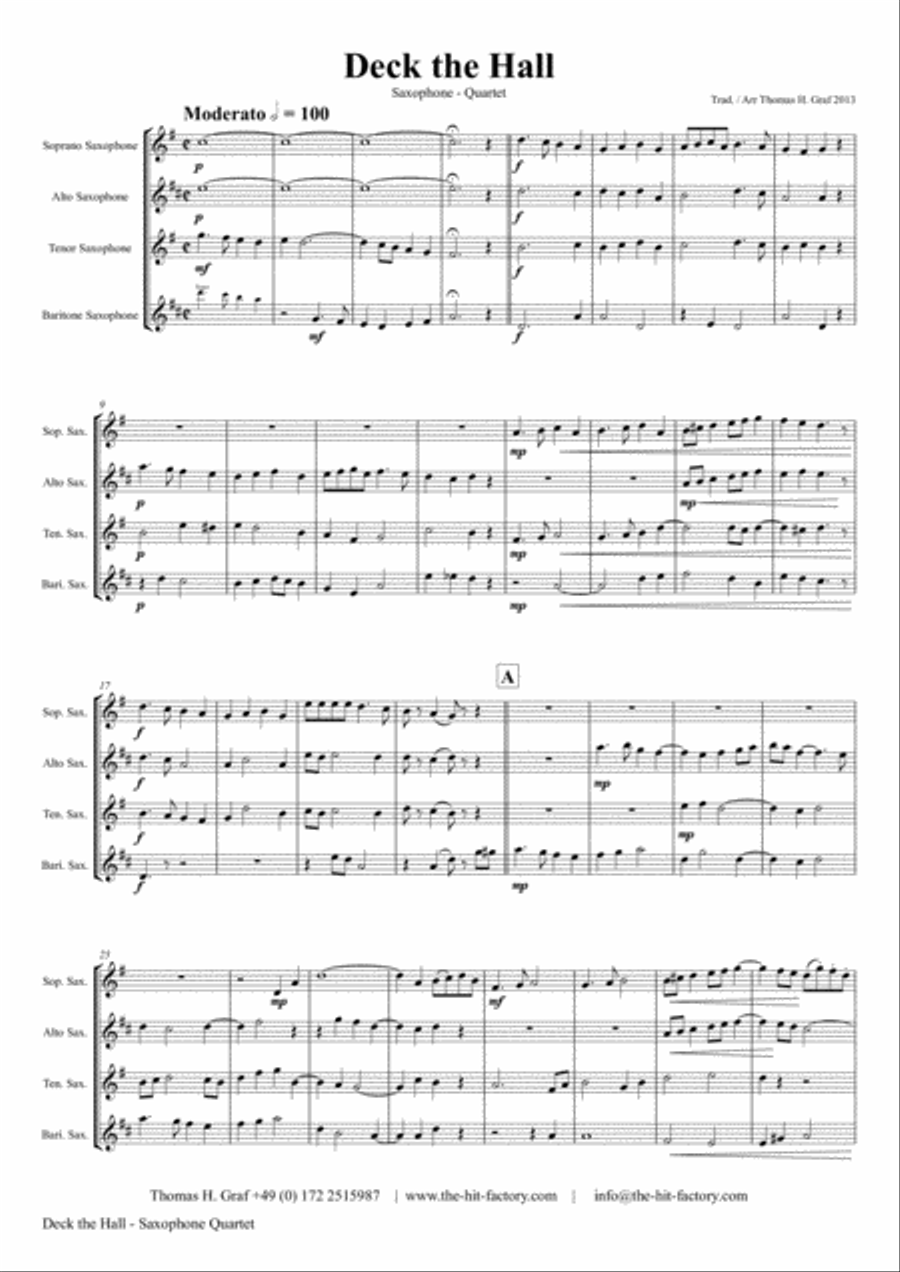Deck the halls - Christmas Carol - Polyphonic - Saxophone Quartet Saxophone Quartet scores gallery preview page 1