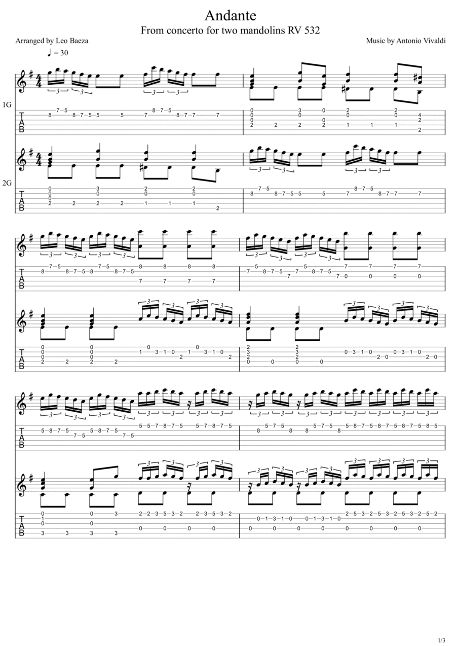Andante From concerto for two mandolins RV 532 Acoustic Guitar scores gallery preview page 1