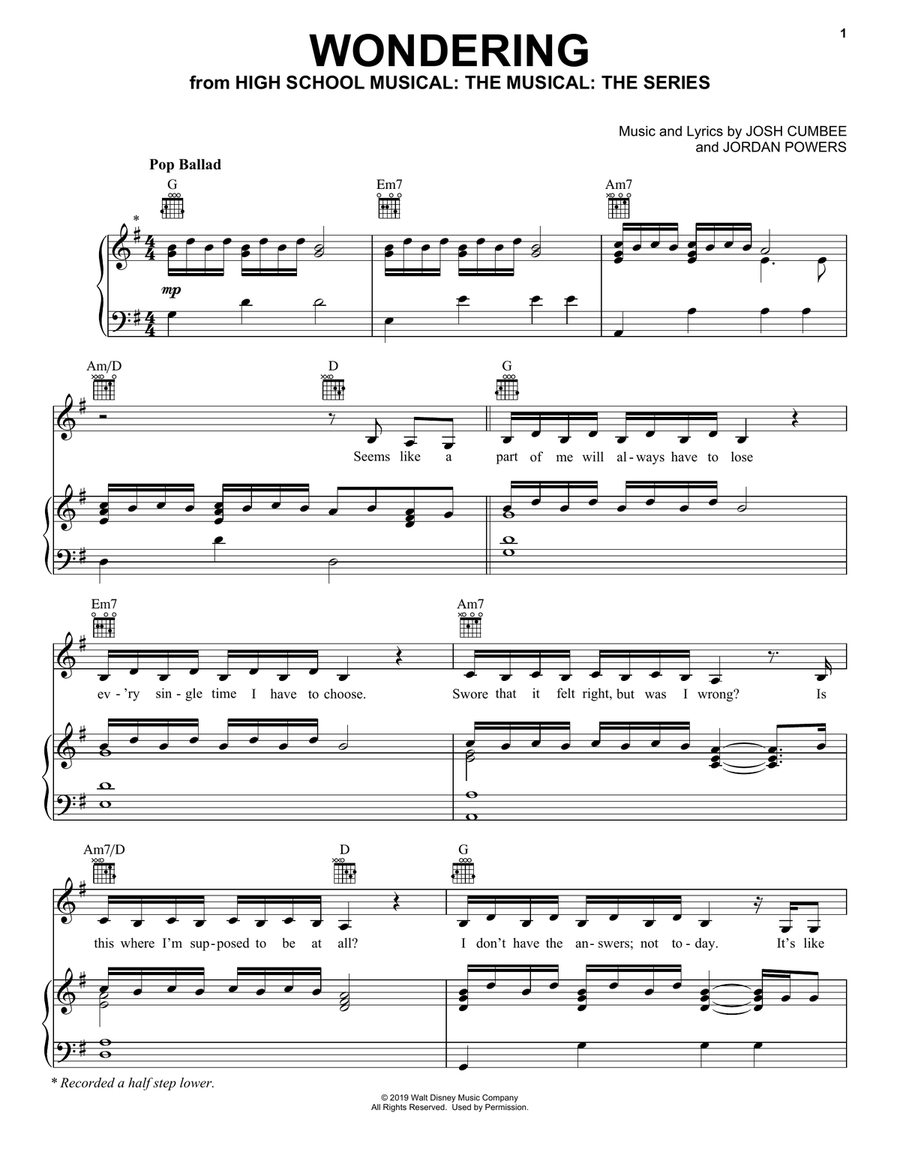 Wondering (from High School Musical: The Musical: The Series) Piano, Vocal, Guitar scores gallery preview page 1
