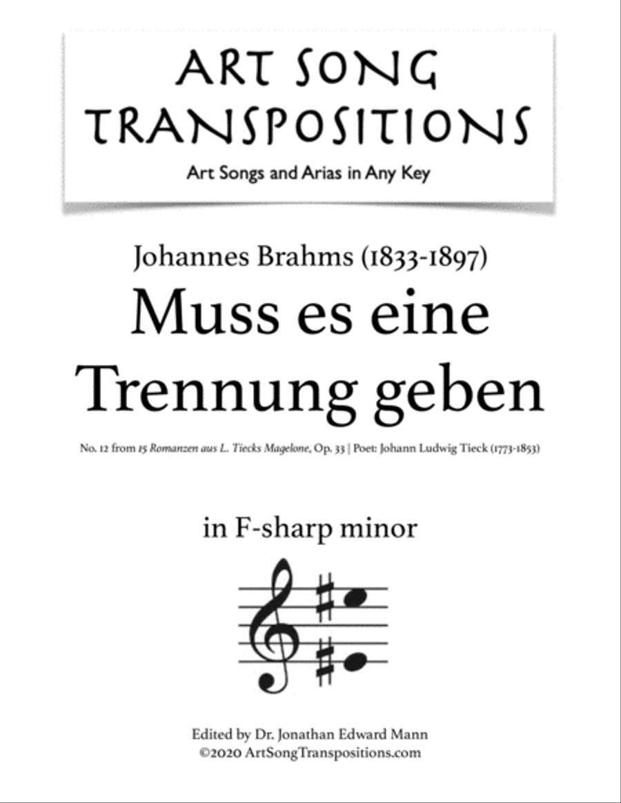 BRAHMS: Muss es eine Trennung geben, Op. 33 no. 12 (transposed to F-sharp minor) Voice scores gallery preview page 1