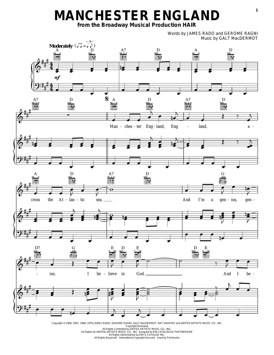 Manchester England Piano, Vocal, Guitar scores gallery preview page 1