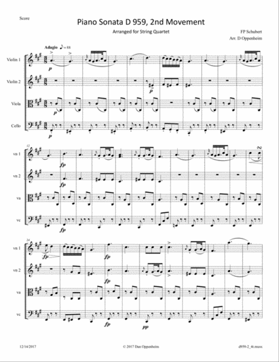 Schubert: Piano Sonata D 959, 2nd Movement arr. for String Quartet String Quartet scores gallery preview page 1