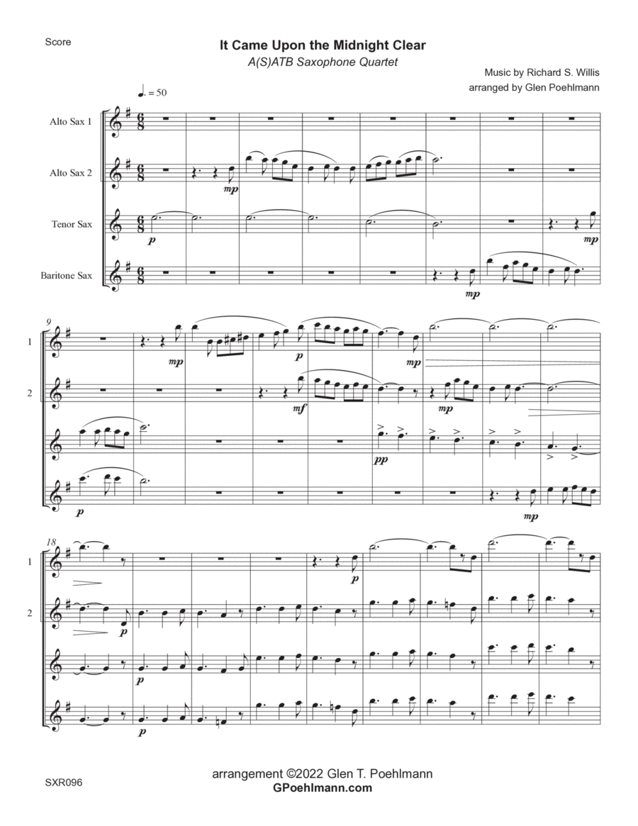 IT CAME UPON THE MIDNIGHT CLEAR - Saxophone Quartet (SATB or AATB) unaccompanied. Saxophone Quartet scores gallery preview page 1