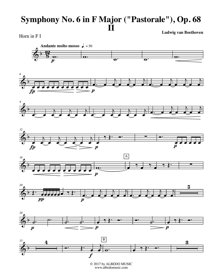 Beethoven Symphony No. 6, Pastorale, Movement II - Horn in F 1 (Transposed Part), Op. 68 Horn Solo scores gallery preview page 1