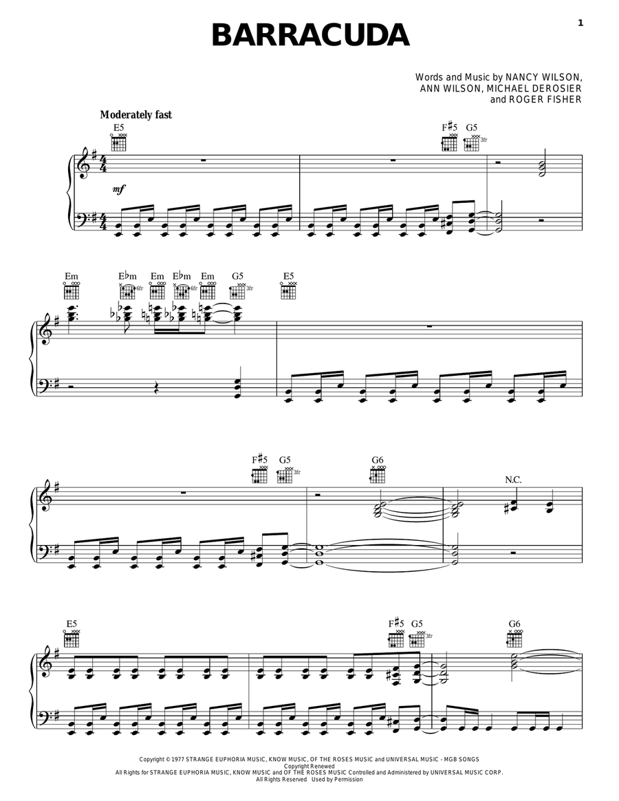 Barracuda Piano, Vocal, Guitar scores gallery preview page 1
