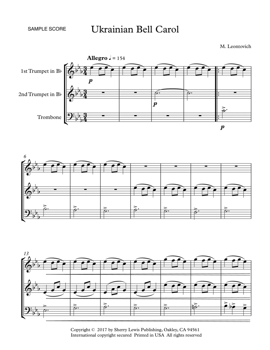 UKRAINIAN BELL CAROL - Carol of the Bells, Brass Trio, Intermediate Level Brass Trio scores gallery preview page 1