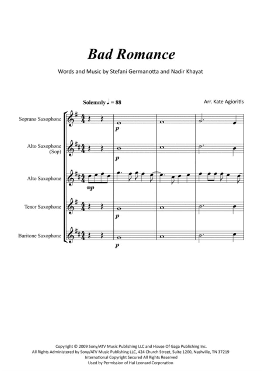 Bad Romance Saxophone Quartet scores gallery preview page 2