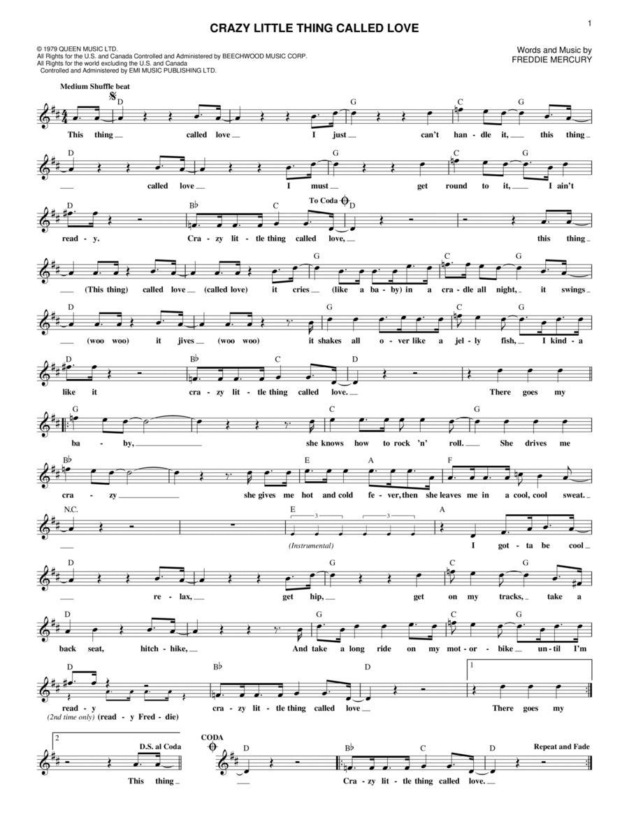 Crazy Little Thing Called Love Piano scores gallery preview page 1
