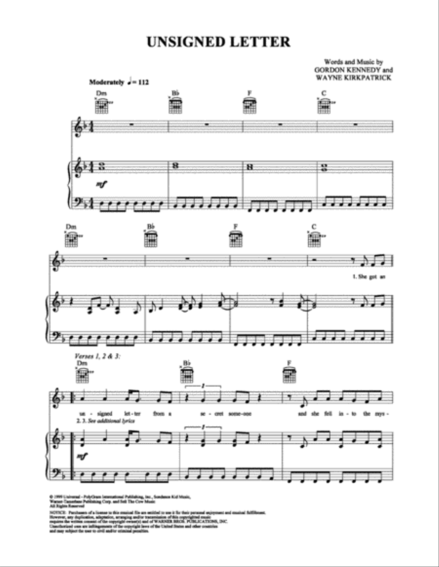 Unsigned Letter Unsigned Letter Piano, Vocal, Guitar scores gallery preview page 1