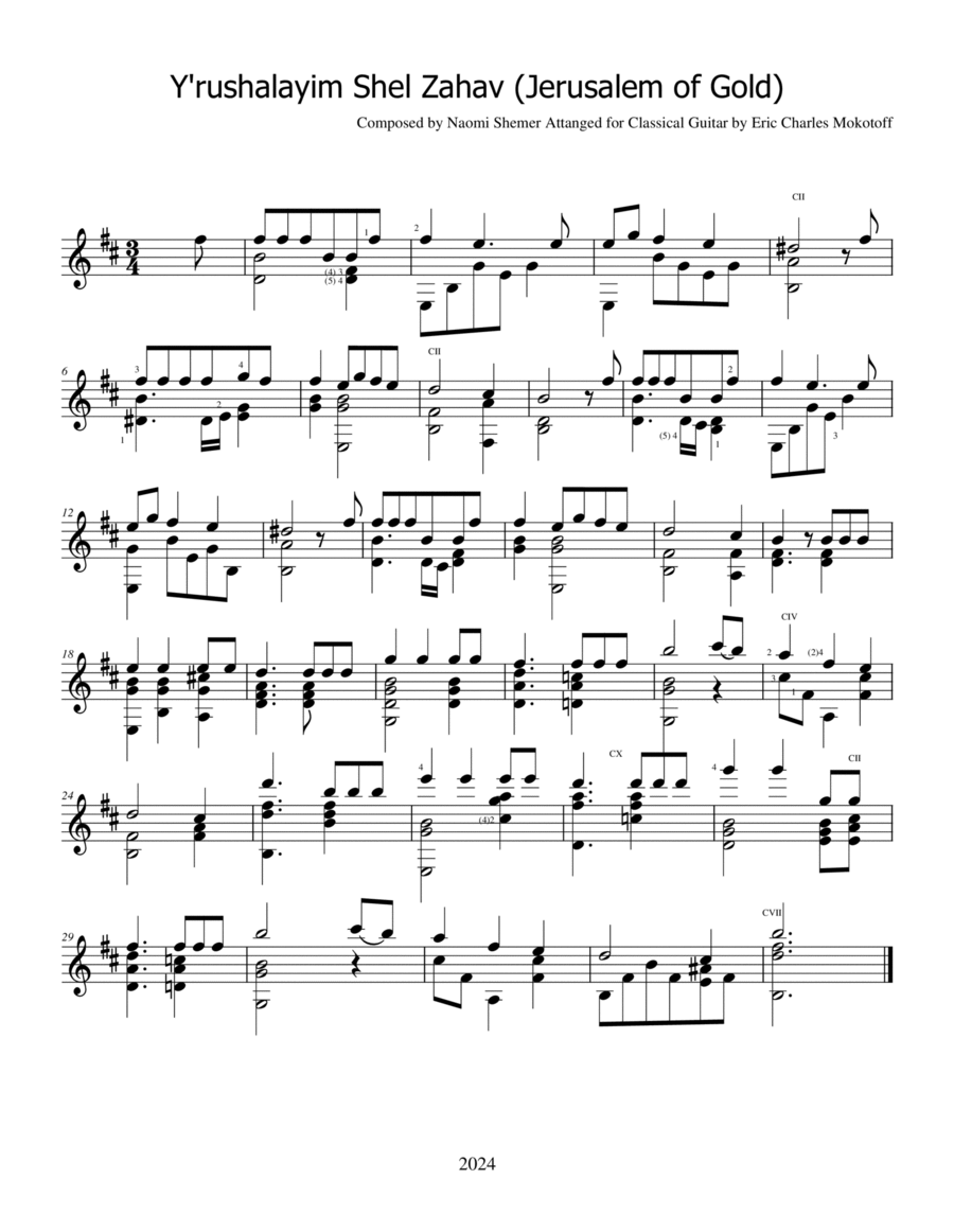 Y'rushalayim Shel Zahav (Jerusalem of Gold) Guitar Solo scores gallery preview page 1