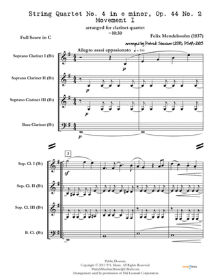 String Quartet in e minor - Opus 44 No. 2, Movement I (Mendelssohn) [for clarinet quartet] (full sco