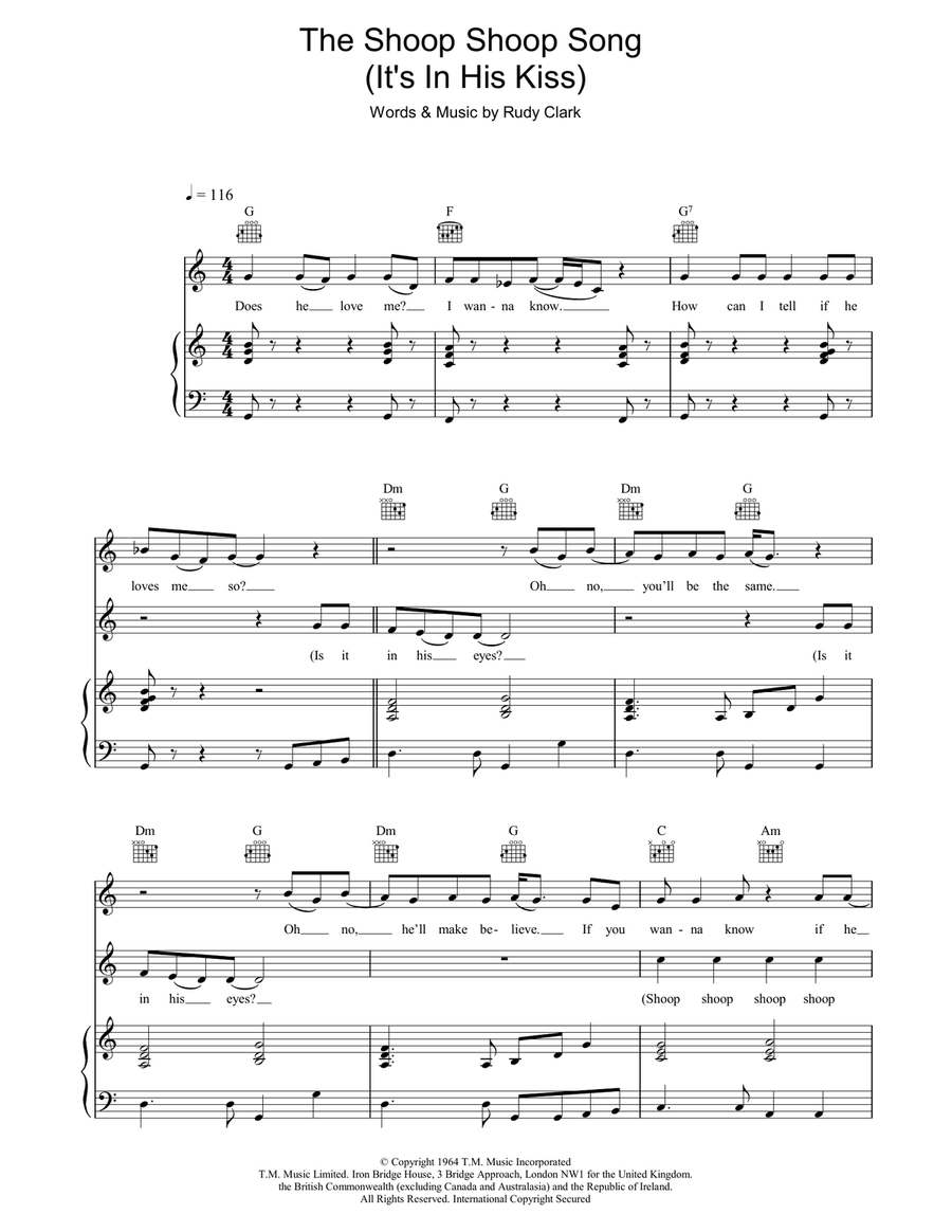 The Shoop Shoop Song (It's In His Kiss) Piano, Vocal, Guitar scores gallery preview page 1