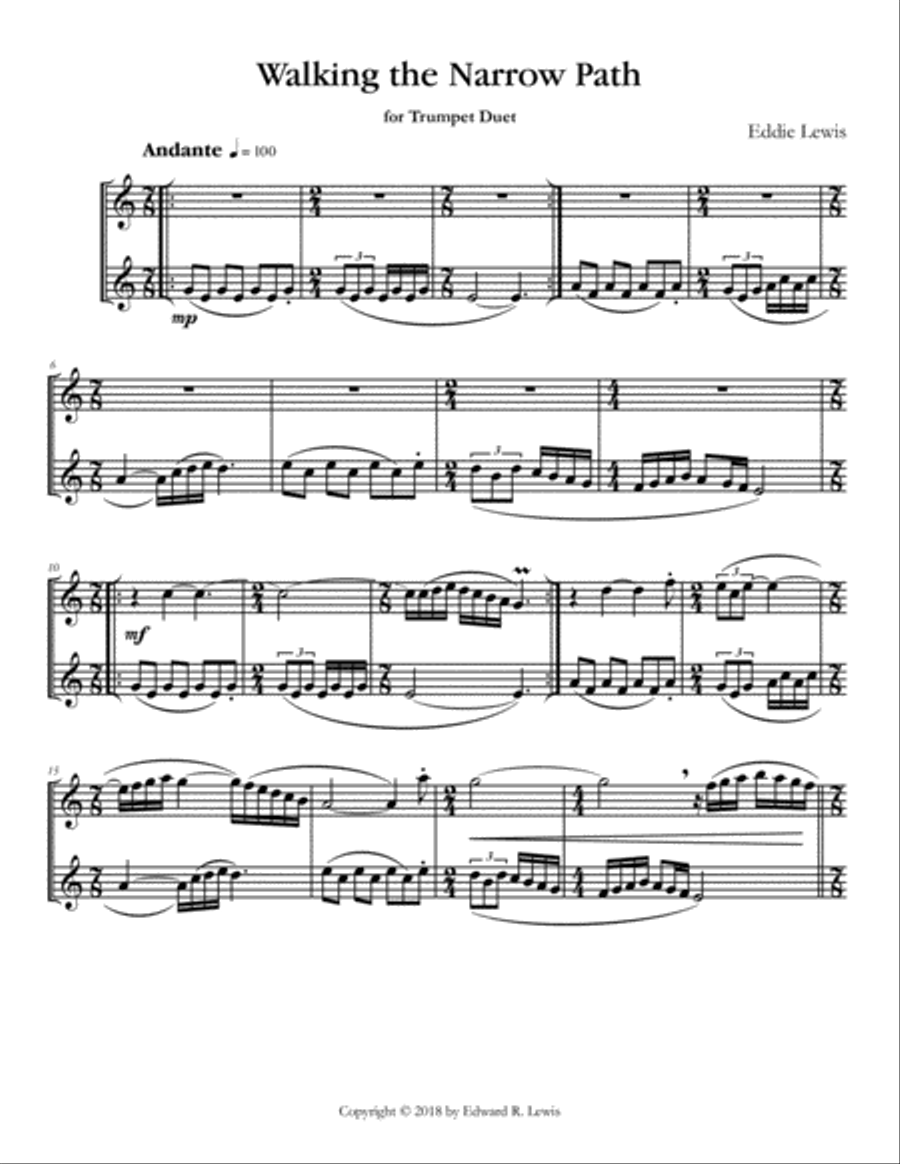 Walking the Narrow Path - Trumpet Duet - by Eddie Lewis Trumpet Duet scores gallery preview page 2