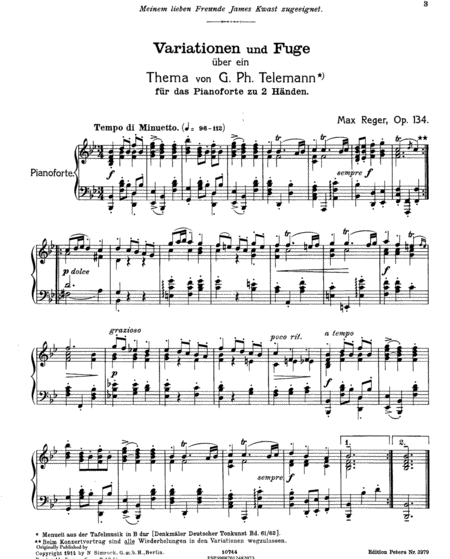 Variationen und Fuge uber ein Thema von G. Ph. Telemann, fur Klavier zu zwei Handen. Op. 134