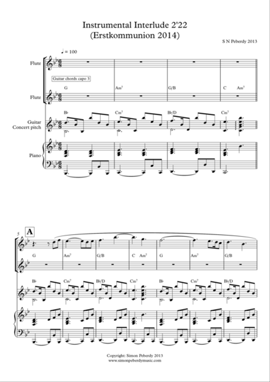 Instrumental Interlude 2'22 for 2 flutes, guitar and/or piano by Simon Peberdy Small Ensemble scores gallery preview page 2