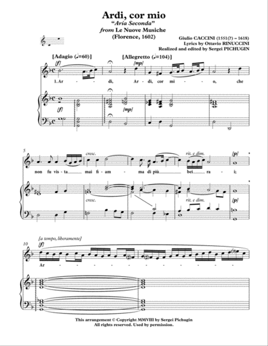CACCINI Giulio: Ardi, cor mio, aria, arranged for Voice and Piano (G minor) Small Ensemble scores gallery preview page 3