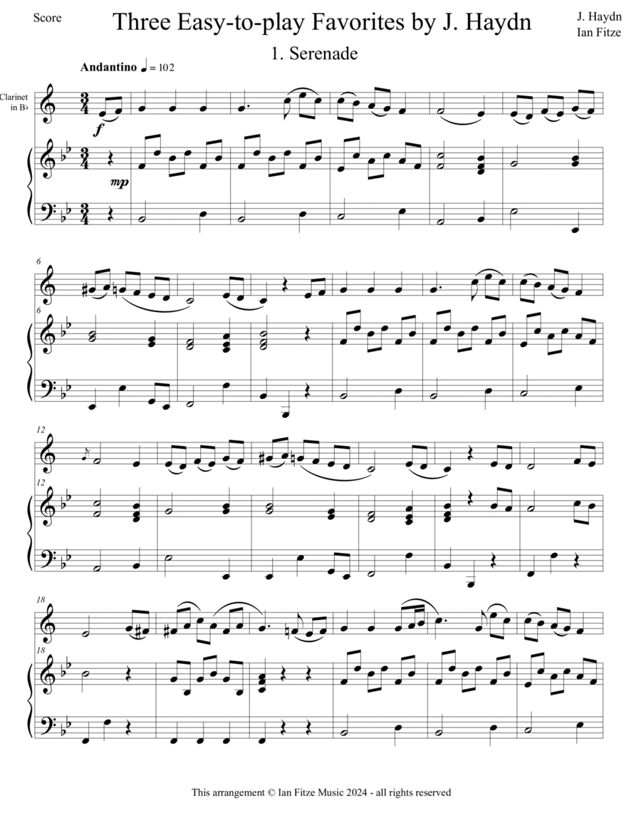 Three Easy-to-play Favorites by J. Haydn B-Flat Clarinet scores gallery preview page 1