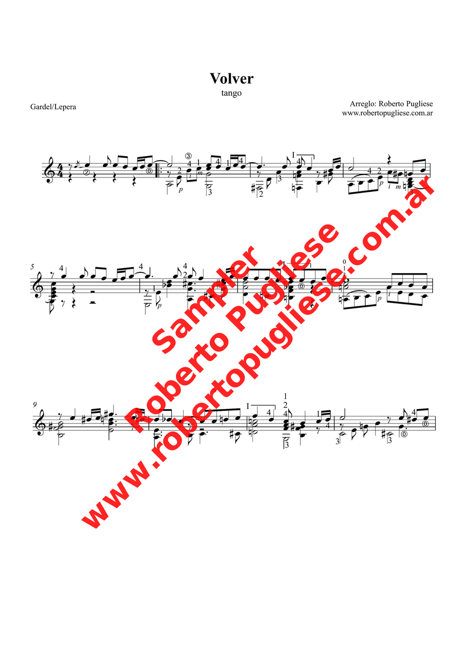 Volver - tango - (Carlos Gardel) - Guitar score. Classical Guitar scores gallery preview page 3