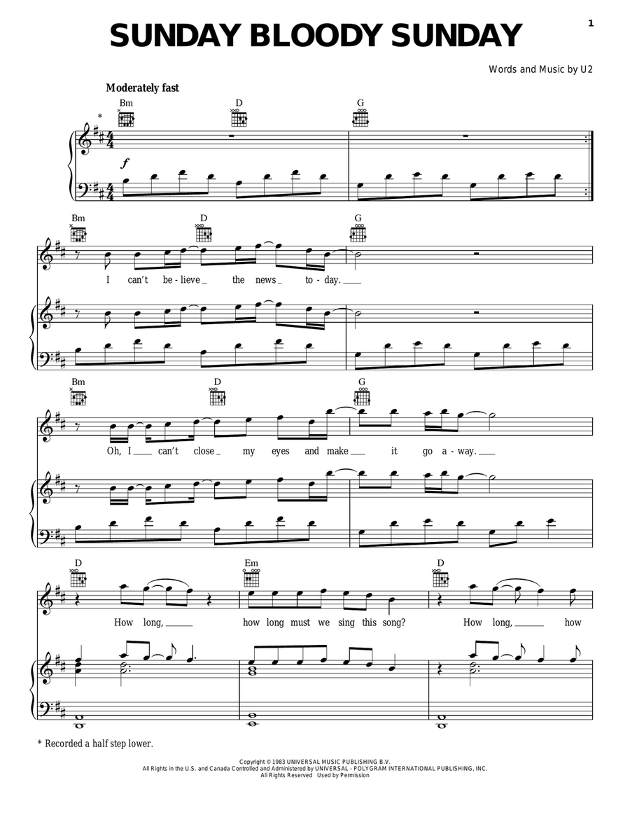 Sunday Bloody Sunday Piano, Vocal, Guitar scores gallery preview page 1