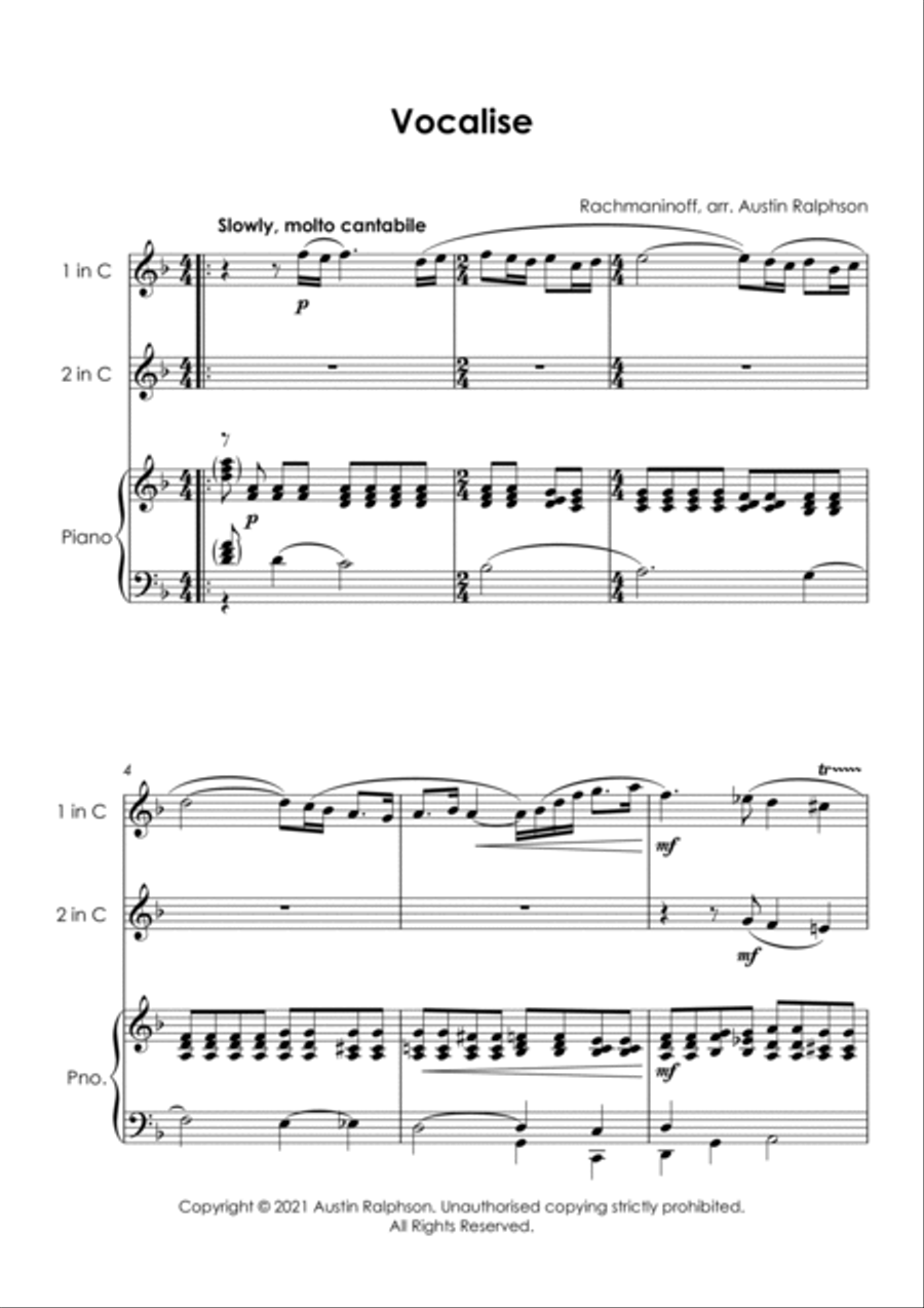 Vocalise (Rachmaninoff) - alto and tenor sax duet and piano with FREE BACKING TRACK Tenor Saxophone scores gallery preview page 2