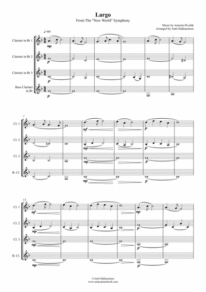 Largo From The "New World" Symphony - Clarinet Quartet (easy)