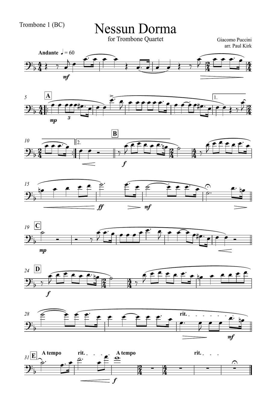 Nessun Dorma - Trombone Choir Brass Quartet scores gallery preview page 5