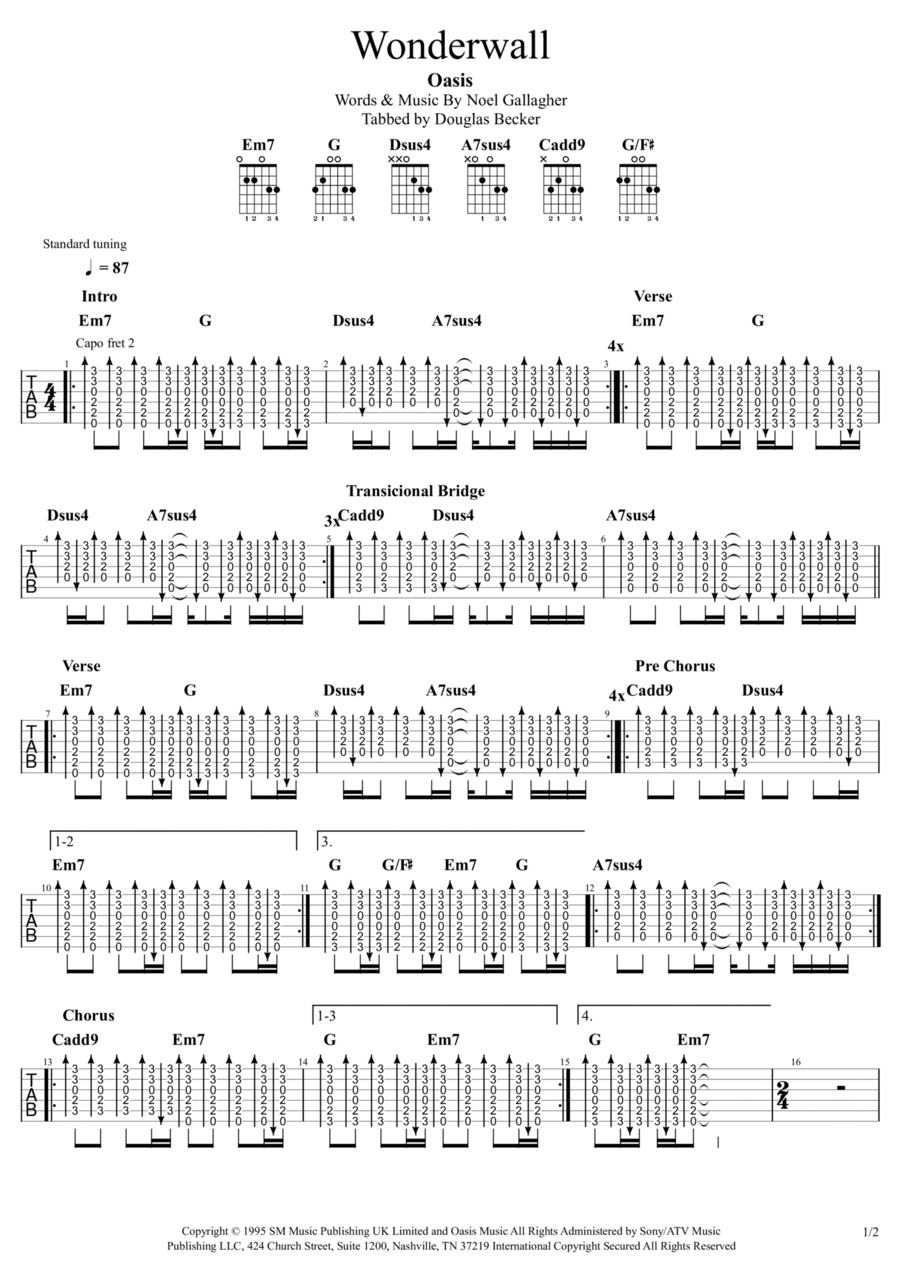 Wonderwall Guitar Tablature scores gallery preview page 1