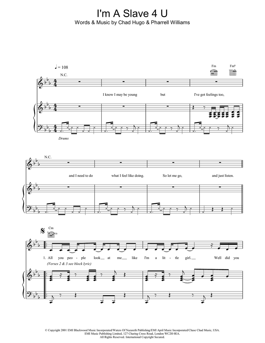 I'm A Slave 4 U Piano, Vocal, Guitar scores gallery preview page 1