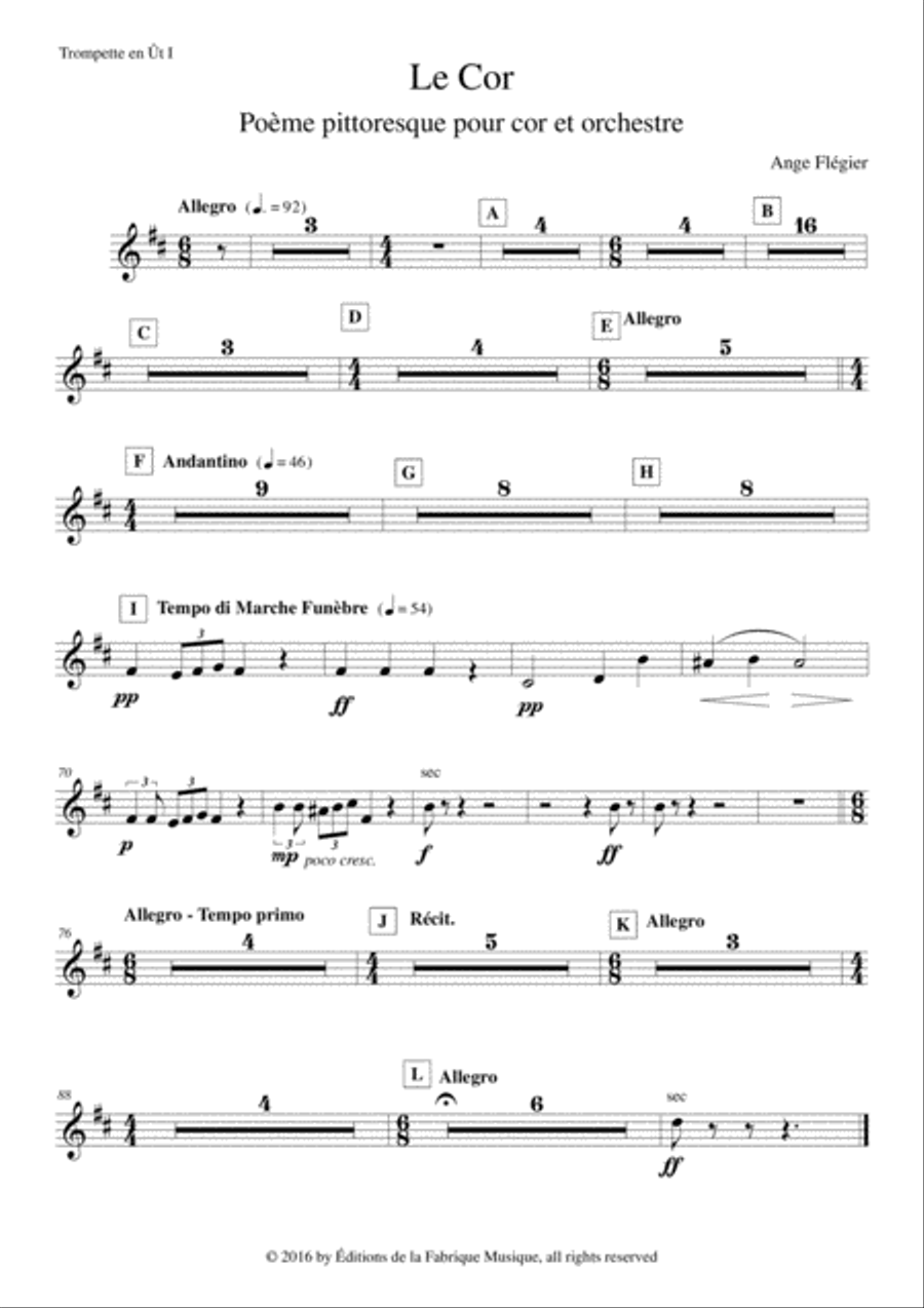 Ange Flégier: Le Cor for horn and orchestra, C trumpet 1 part Full Orchestra scores gallery preview page 1
