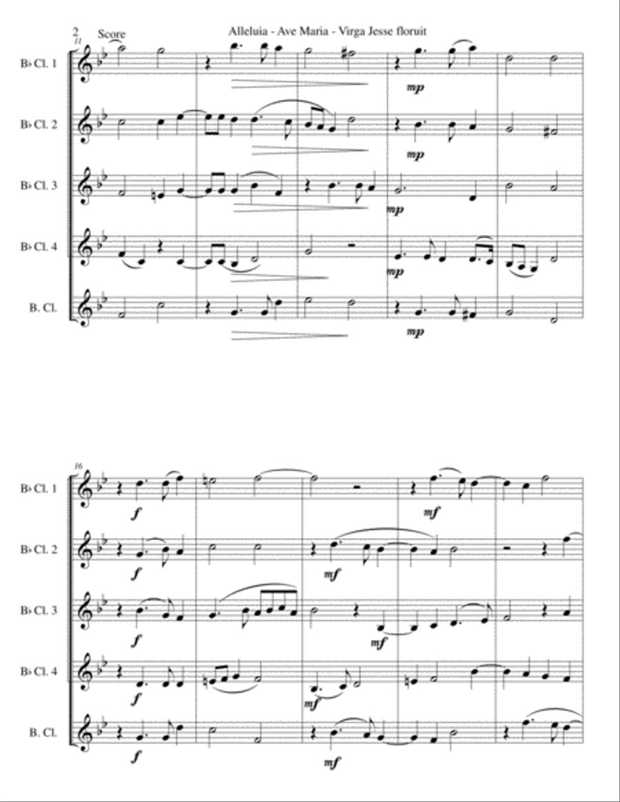 Alleluia - Ave Maria - Virga Jesse floruit arranged for clarinet quintet (4 B flats and 1 bass) Clarinet Quintet scores gallery preview page 2