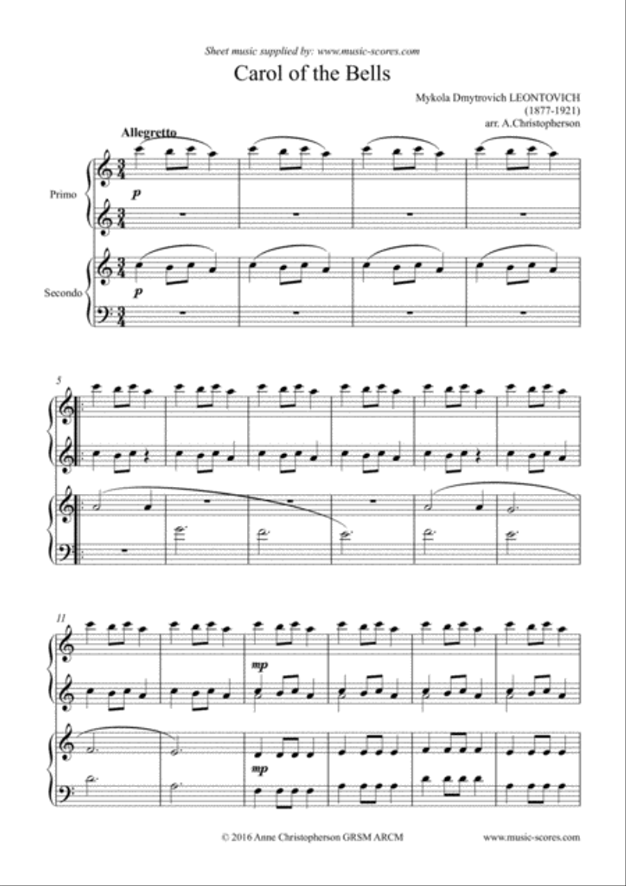 Carol of the Bells - Piano Duet - A Minor image number null