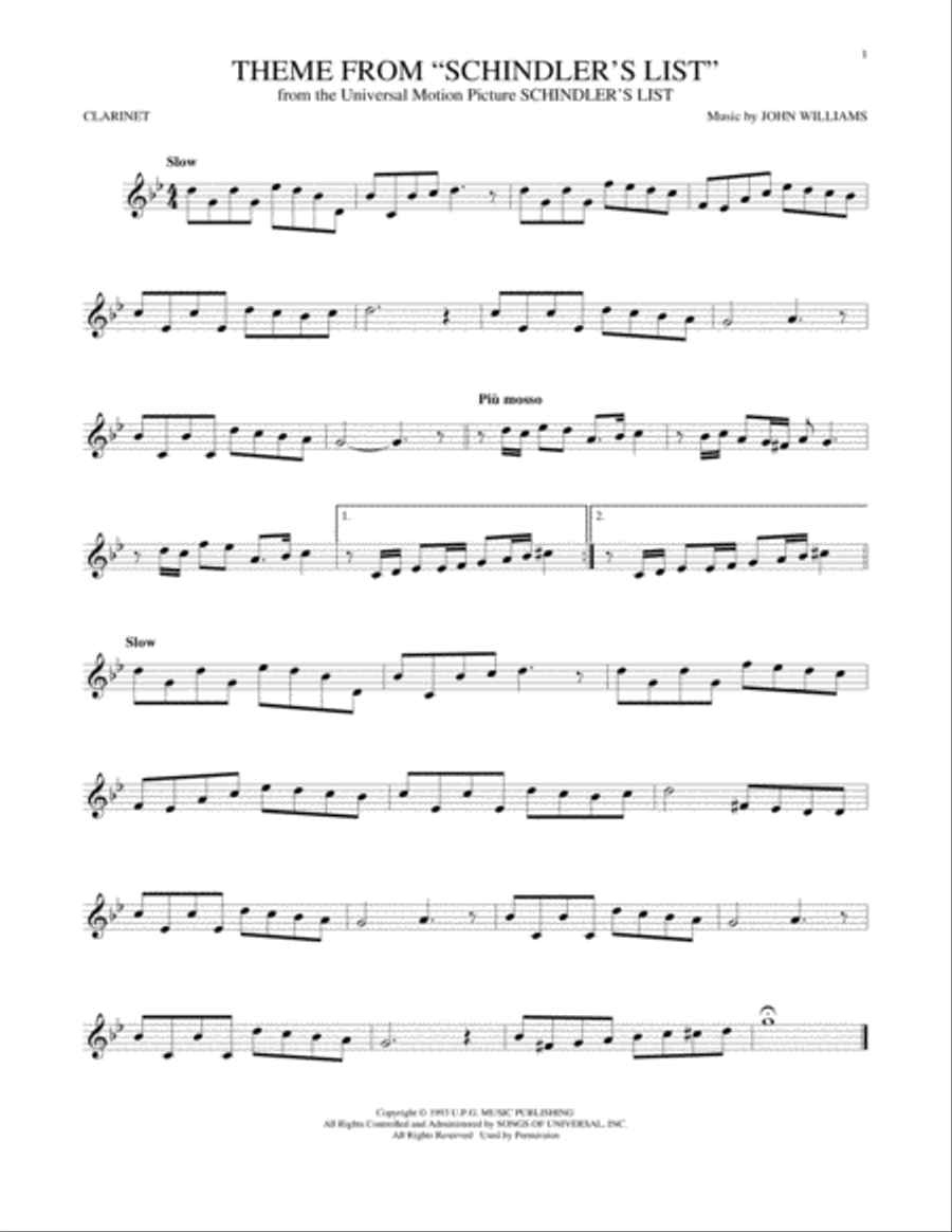 Theme From Schindler's List Clarinet Solo scores gallery preview page 1