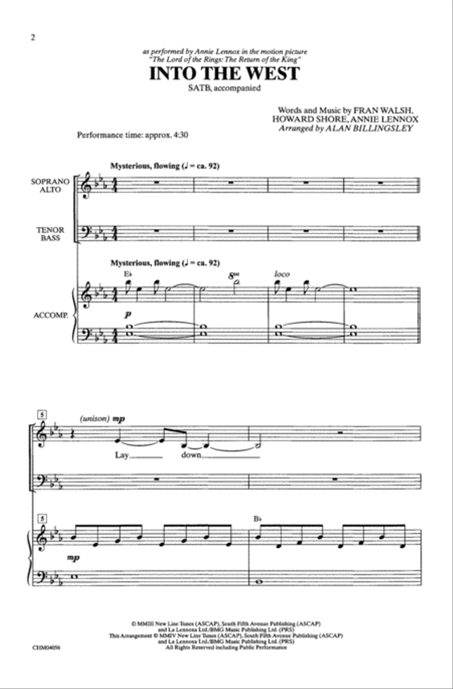 Into the West (from The Lord of the Rings: The Return of the King) Choir scores gallery preview page 1