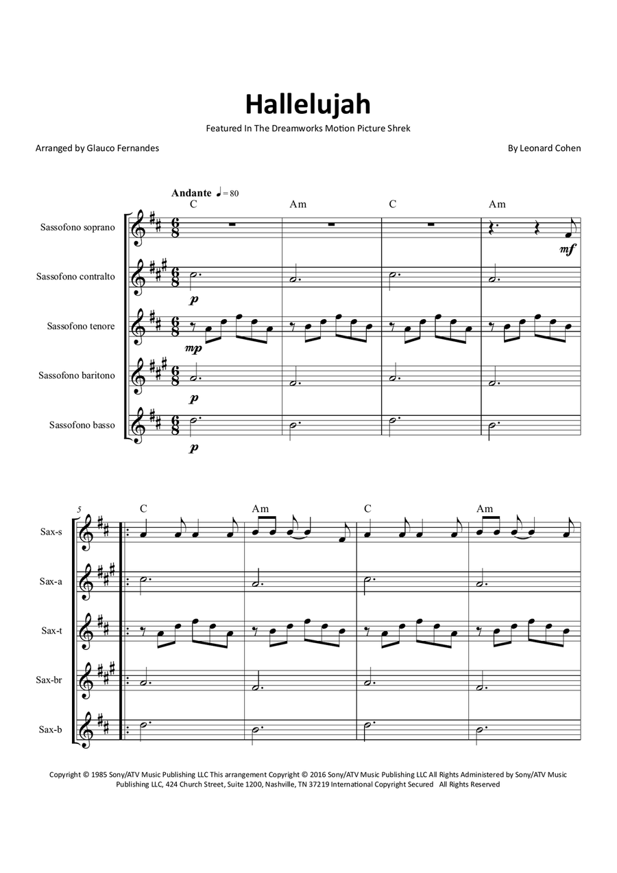 Hallelujah Saxophone Quintet scores gallery preview page 1