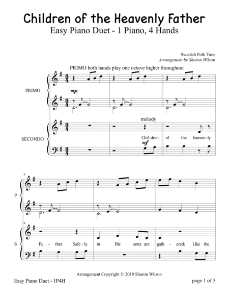 Children of the Heavenly Father (Easy Piano Duet; 1 Piano, 4-Hands) image number null