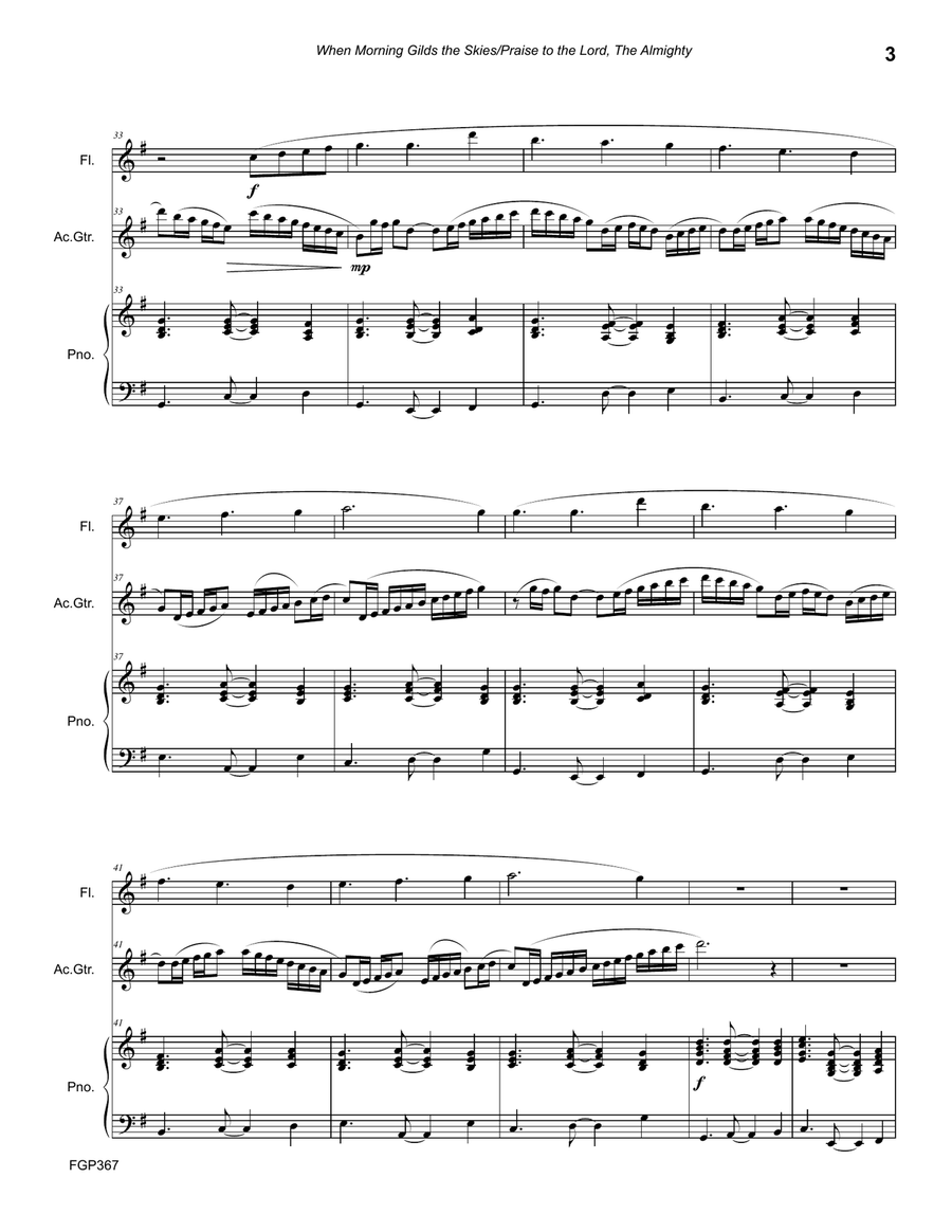 WHEN MORNING GILDS THE SKIES/PRAISE TO THE LORD, THE ALMIGHTY - Flute, Guitar & Piano (Flute Gr 2+) Flute scores gallery preview page 3