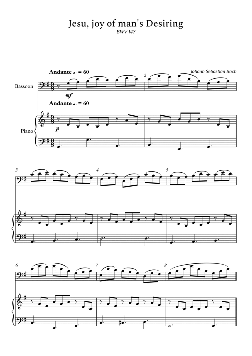 Jesu, Joy of Man's Desiring for Bassoon and Piano (Arpeggios Not Chords) - Score and parts image number null