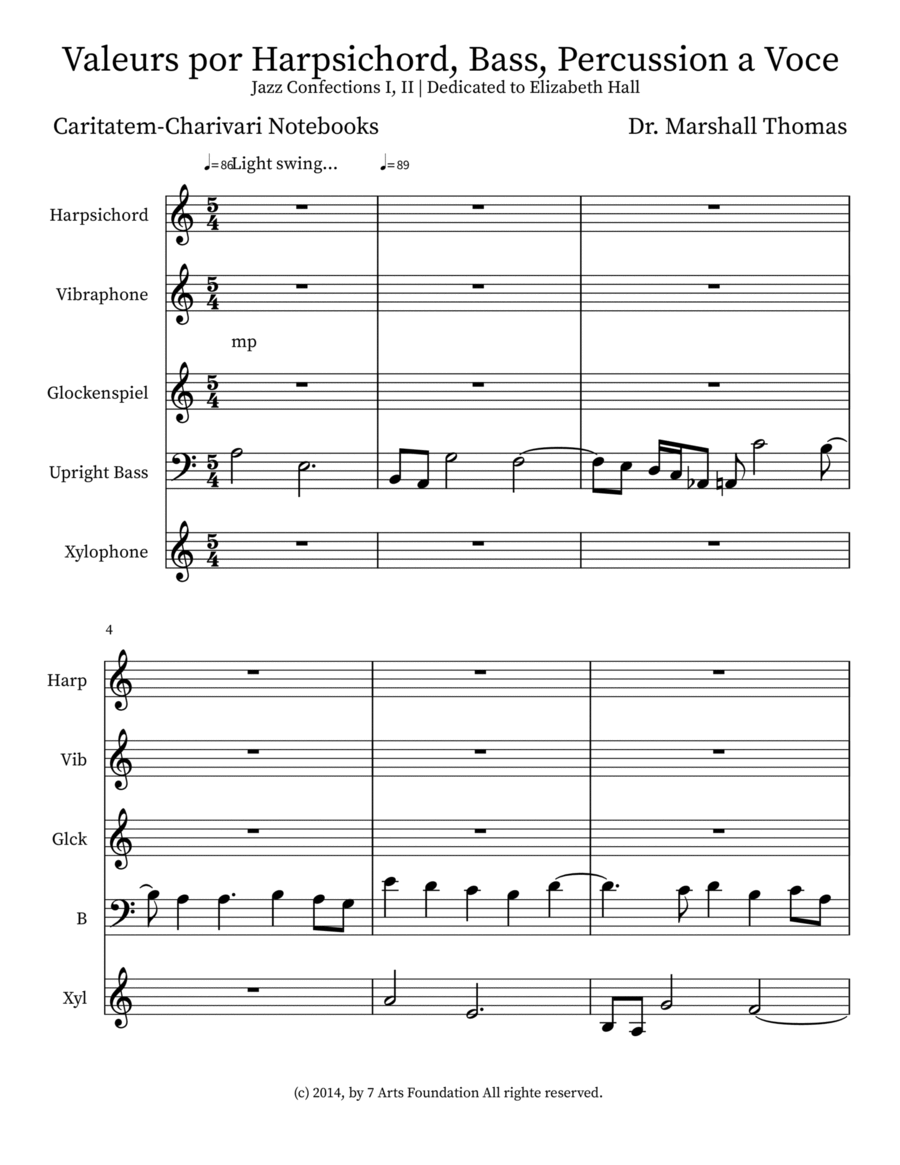 Valeurs por Harpsichord, Bass, Percussion a Voce Small Ensemble scores gallery preview page 1